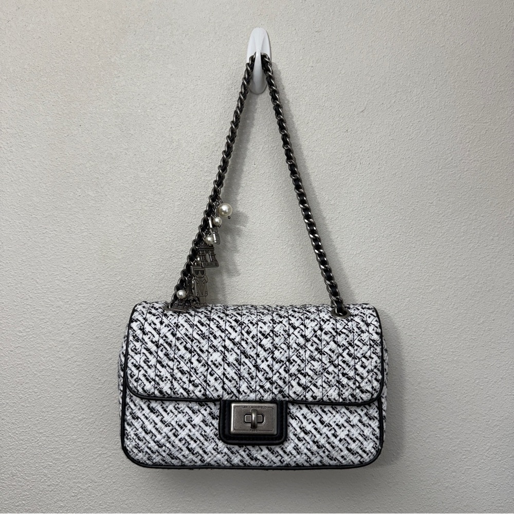 KARL LAGERFELD AGYNESS SHOULDER BAG  TURN LOCK WHITE/BLACK $248 NWT